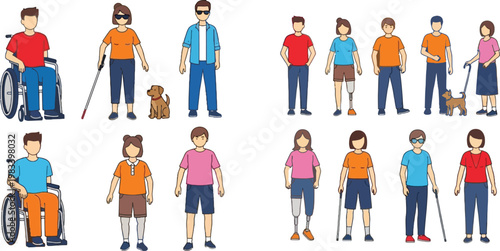 People with Disabilities in Wheelchair, Blind, Visually Impaired, and Mobility Aids, Inclusive and Diverse Representation Vector Illustration