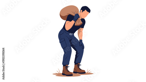 Burdened Laborer: A figure of a person shoulders a heavy sack, symbolizing toil and the weight of responsibilities. This illustration represents concepts of labor and perseverance.