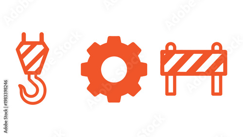 Industrial Iconography: Illustrative icons of essential industrial tools, a sturdy hook, gear, and safety barricade, are depicted in a bold orange color.