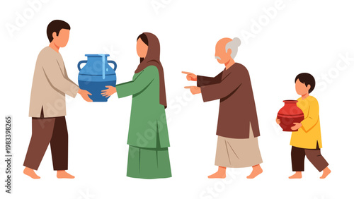 Sharing in the Community: Illustrative portrayal of a family exchanging earthenware pots, symbolizing mutual assistance and communal bonds.