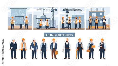 Construction Site Team: A vibrant illustration showcasing construction workers at various stages of a project, highlighting collaboration, planning, and teamwork within a dynamic environment.