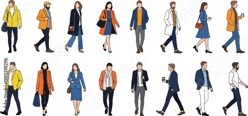 Fashionable People Walking in Trendy Outerwear, Jackets, Coats, and Casual Attire for Urban, Street Style, and Seasonal Fashion Vector Illustration