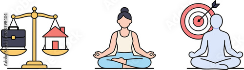 Woman meditates in lotus position next to balance scale with briefcase and house on one side and target with arrow on the other