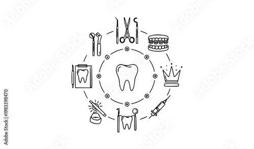 Circular dental treatment outline icon composition for stomatology medical infographic and oral health design