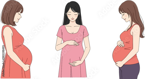 Pregnant Women in Various Stages of Pregnancy, Maternity Care, Expecting Mothers, Prenatal Health, and Expecting Baby Vector Illustration
