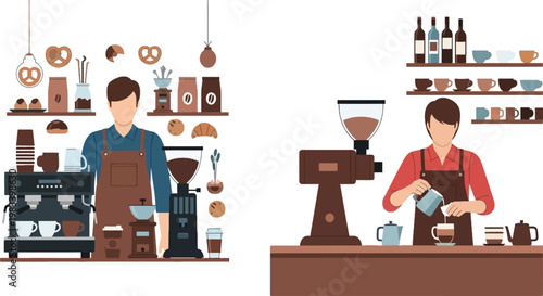 Barista Preparing Coffee and Espresso in Coffee Shop with Equipment, Coffee Machine, Grinder, and Cups for Café, Breakfast, and Drink Services Vector Illustration