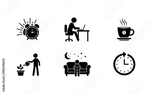 Daily routine icons: time management, work, relaxation, and hobbies in silhouette style