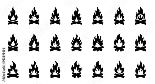 Black campfire icons, flame symbols, fire signs, vector graphics, 20 elements