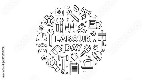 Labour Day Symbols: A symbolic representation for Labor Day, featuring an assortment of tools within a circular design