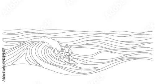 Abstract wavy water with a single surfer riding a breaking wave