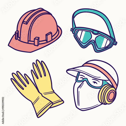 Detailed vector art of personal safety equipment featuring pink hard hat teal goggles yellow gloves and person wearing mask with earmuffs gear.