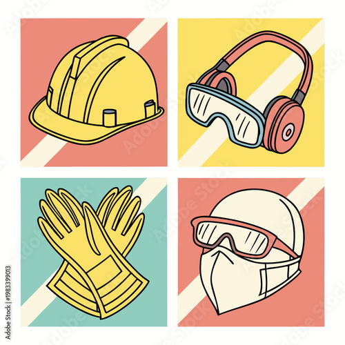 Graphic grid with construction safety icons showing yellow hardhat noise protection earmuffs work gloves and medical style face mask with glasses.