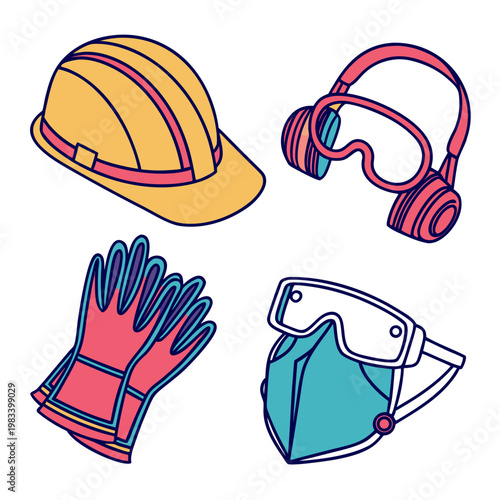 Collection of industrial safety items featuring yellow hard hat earmuffs protective eyewear red work gloves and facial mask for respiratory health.