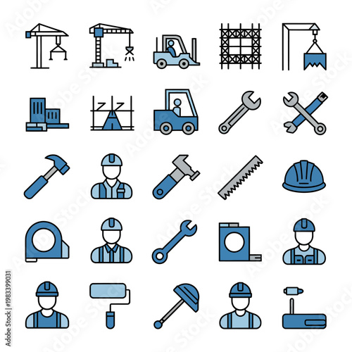 Construction Icons Collection: An extensive collection of illustrated icons capturing various aspects of construction, from machinery and tools to workers.