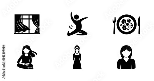 Minimalist silhouette icons of daily life activities and objects