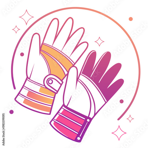 Fashionable gloves with gradient colors and sparkling accents, presented in a circular frame, suitable for beauty and fashion visuals.