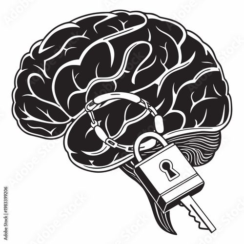 Human brain silhouette wrapped in chain with lock and key inserted representing unlocking potential mental solutions or opening mind to new knowledge.
