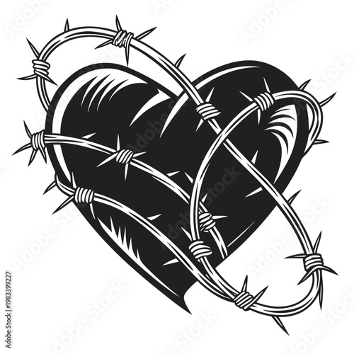 Barbed wire wrapped around a heart illustration, a poignant and symbolic image representing love, protection, and emotional resilience.