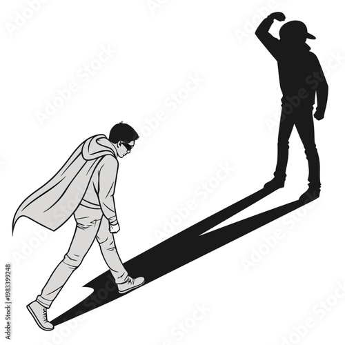 Brave young hero wearing cape and mask walking towards giant muscular shadow opponent representing internal struggle or overcoming fear metaphor icon.