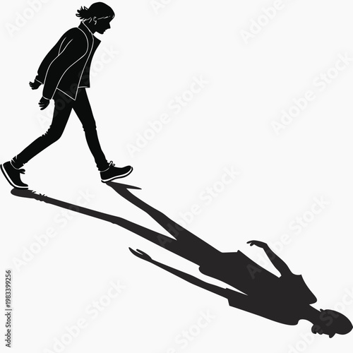 Young man walking forward while casting long human shadow on ground representing hidden identity or dual personality concept in black silhouette art.