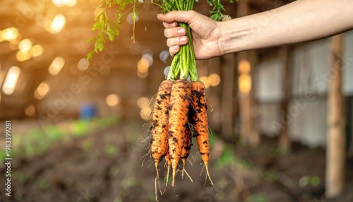 Freshly Harvested Carrots Held in Hand with Sunlight Streaming Through Greenhouse.