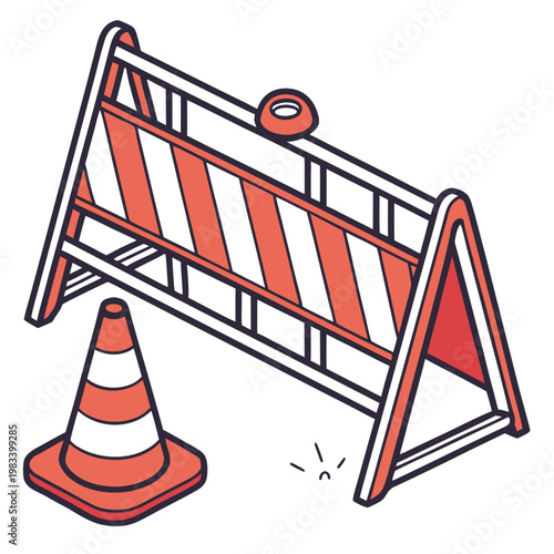 Traffic safety barrier with red and white diagonal stripes and plastic orange cone for road repair and construction zone isometric vector design.