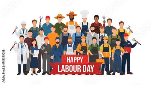 Celebrating Labor Day: A diverse group of workers stands united, embodying the spirit of Labor Day with smiles and pride. Expressing the value of hard work and dedication across various professions.