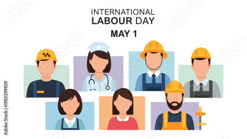 International Labour Day Celebration: A diverse group of essential workers come together, embodying the spirit of labor day in unity. Each represents a vital role in society and celebrates May 1st.