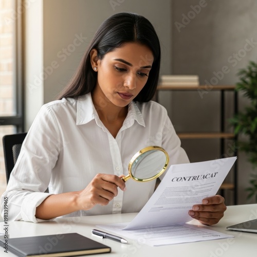 Eine Person prüft mit einer Lupe Unterlagen