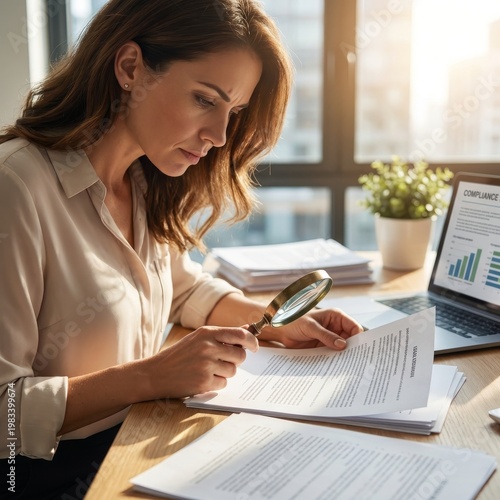 Eine Person prüft mit einer Lupe Unterlagen