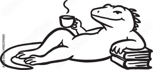 Whimsical cartoon iguana relaxing with a hot cup of coffee on a stack of books