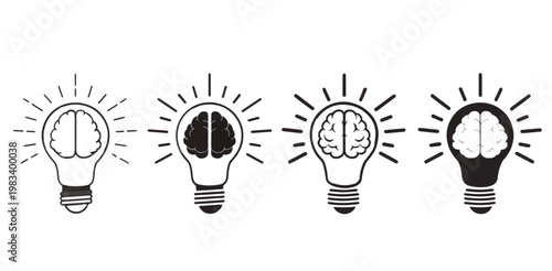 Light bulb with brain icon collection. Creative idea generation, innovation, knowledge and smart solution concept
