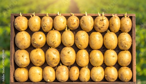 Freshly Harvested Golden Potatoes Displayed in Wooden Crate on Farm.