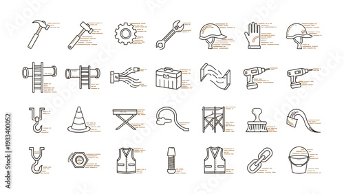 Construction Equipment Illustration: A collection of various construction tools and equipment are artistically depicted, ideal for illustrating industry-related concepts.