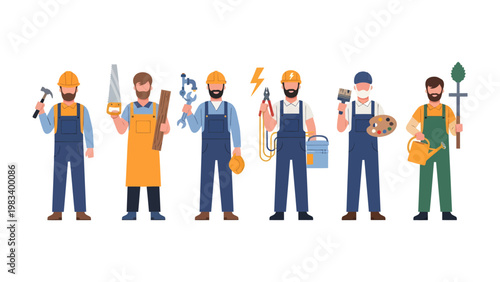 A Team of Builders: Depicting a diverse team of skilled builders and artisans, each one is shown in various trades, holding their essential tools and dressed in work attire.