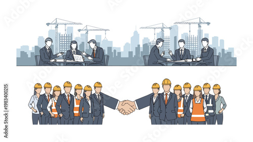 Construction Collaboration: Illustration of a construction team in a boardroom and another in front of the building under construction, emphasizing collaboration and professional commitment.