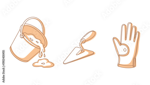 Construction Essentials: An illustration of a pouring bucket, a trowel, and a protective glove showcases the fundamental tools for construction or home improvement projects. 
