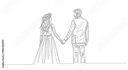Single line drawing of a bride and groom holding hands