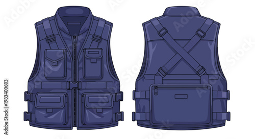 Detailed vector illustration of a versatile indigo tactical vest, showcasing its functional design with numerous storage pockets and adjustable
