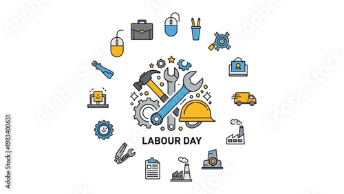 Labour Day Celebration: A vibrant, circular composition of iconic tools and symbols honoring Labour Day, celebrating the achievements and contributions of the workforce.