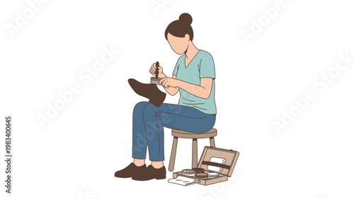 Shoemaker at Work: A shoemaker meticulously repairs a leather shoe, concentrating on her craft with precision and care, showcasing the skill and dedication to preserving tradition.