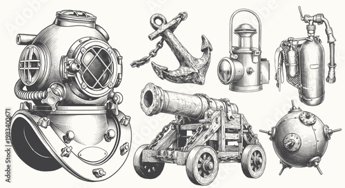 Highly detailed vintage engraving illustration set featuring maritime and naval equipment such as diving helmet, anchor, cannon, naval mine, and antique tools. Ideal for historical design, nautical th