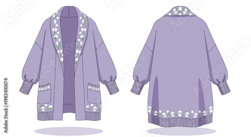 Stylish lavender open-front cardigan design with delicate floral patterned trim and cozy balloon sleeves