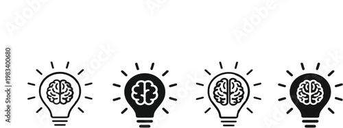 Light bulb with brain icon collection. Creative idea generation, innovation, knowledge and smart solution concept