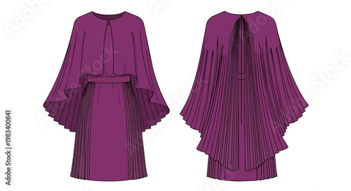 Purple elegant fashion illustration of a modern dress with a dramatic draped cape and finely pleated skirt showcased in both front and rear views