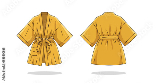Vibrant mustard yellow belted robe vector illustration, front and back views, ideal for fashion design resources and comfortable loungewear