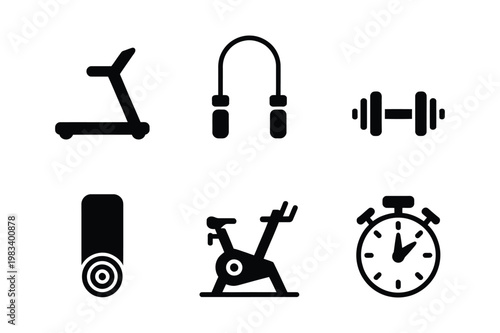 Fitness and exercise icons: treadmill jump rope dumbbells bike mat with exercise