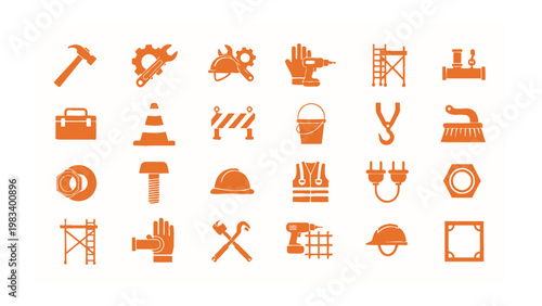 Craftsman's Tools Iconography: A comprehensive collection of construction and repair tools arranged in a visually engaging and organized display. Showcasing the variety of essential implements.