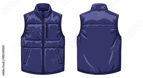 Blue puffer vest vector art. Front and back views. Insulated sleeveless jacket offers warmth and modern style. Ideal for cool weather layering.