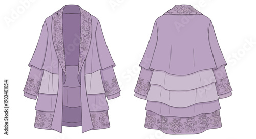 Detailed fashion illustration of a luxurious lavender coat featuring an elegant tiered design, wide sleeves, and exquisite floral embellishments,